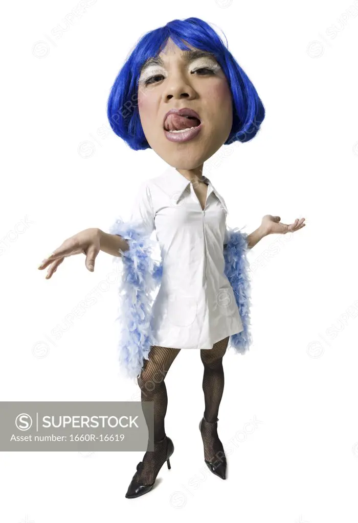 Man with blue wig and dress flirting
