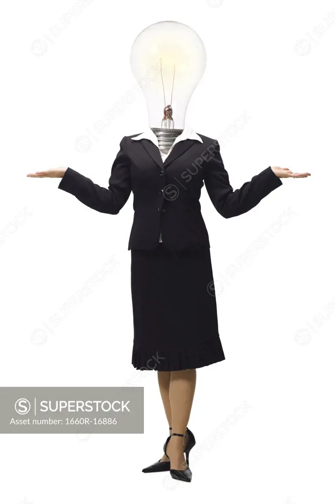 Businesswoman with light bulb instead of head shrugging