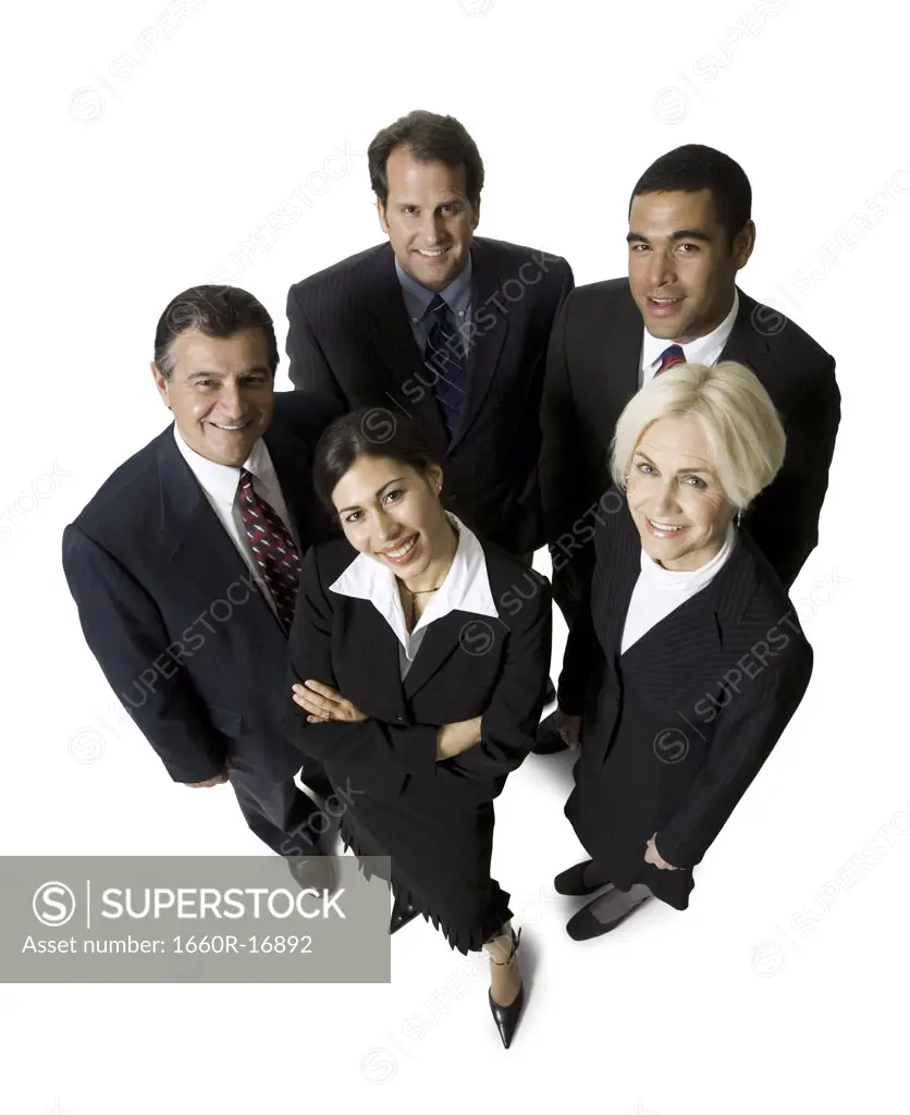 Looking down at five businesspeople smiling