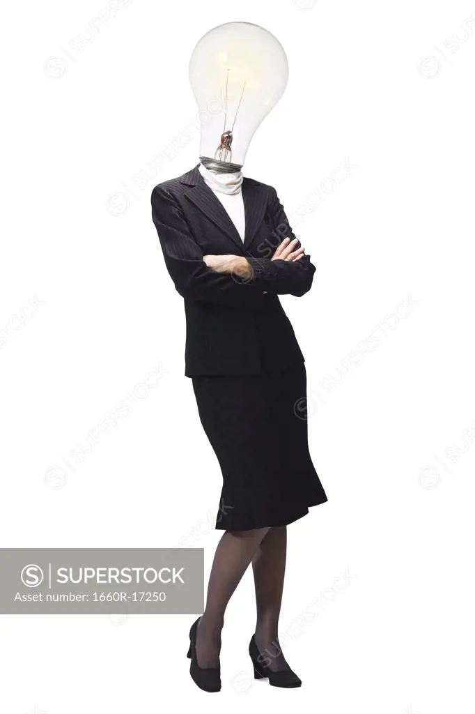 Businesswoman with light bulb instead of head standing with arms crossed