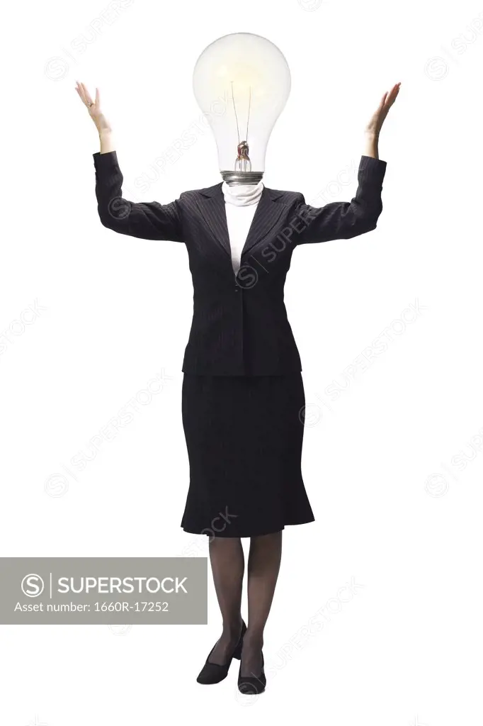 Businesswoman with light bulb for head with arms up