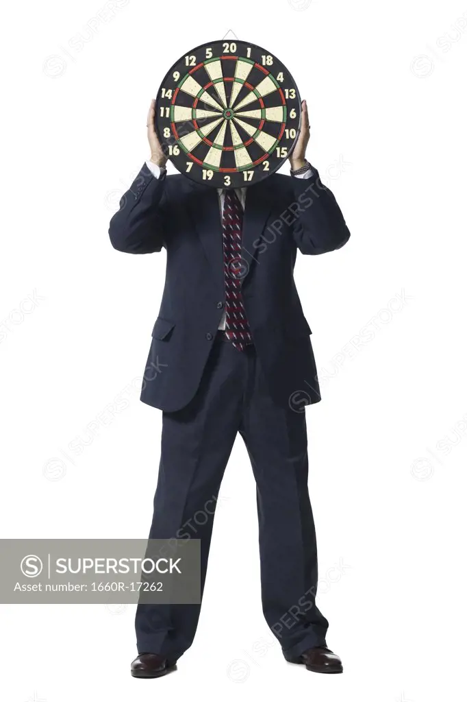 Man with dartboard hiding face