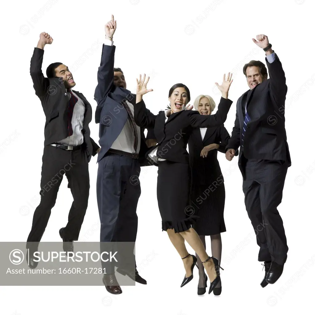 Group of five businesspeople leaping