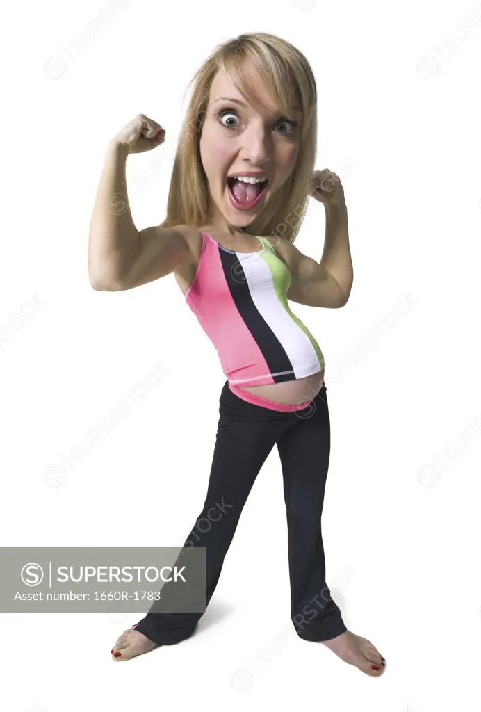 Pregnant young woman flexing her muscles