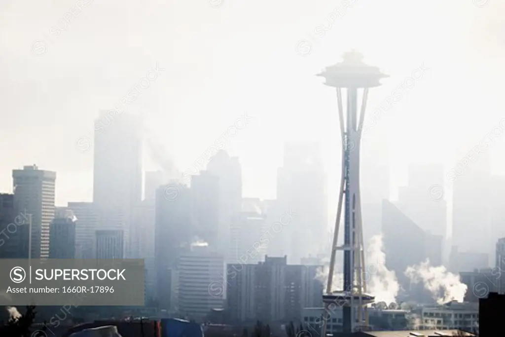 Space Needle in Seattle Washington with haze