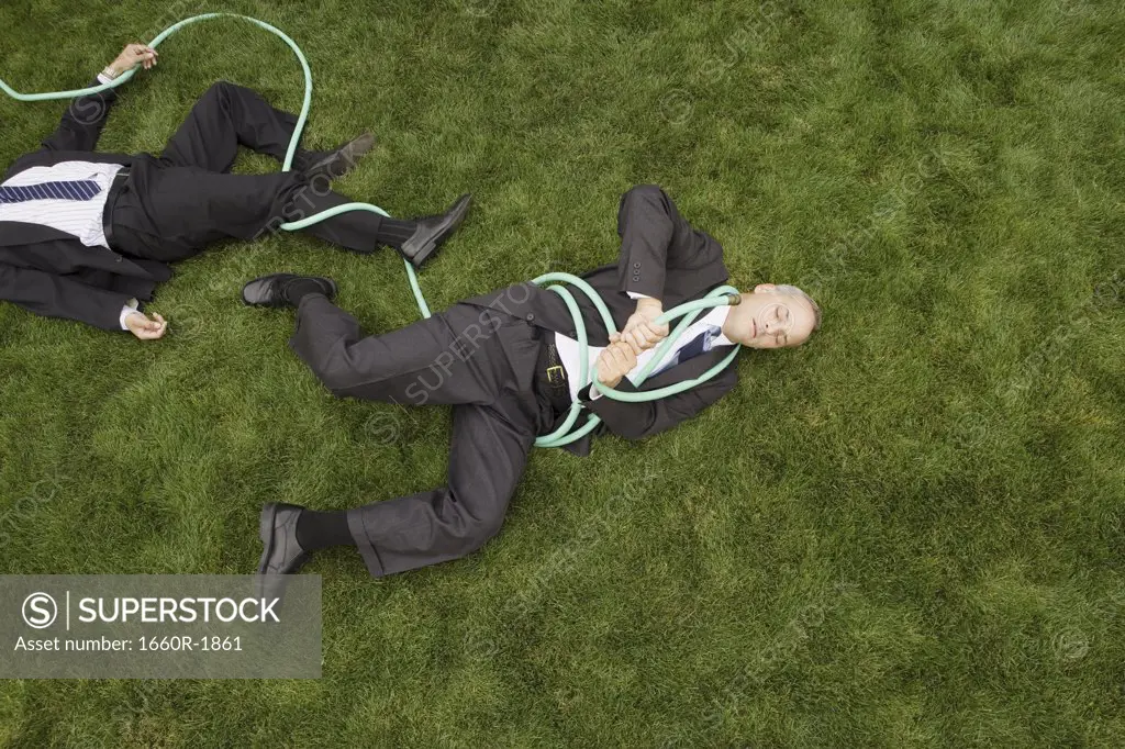 High angle view of two businessmen entangled in a garden hose