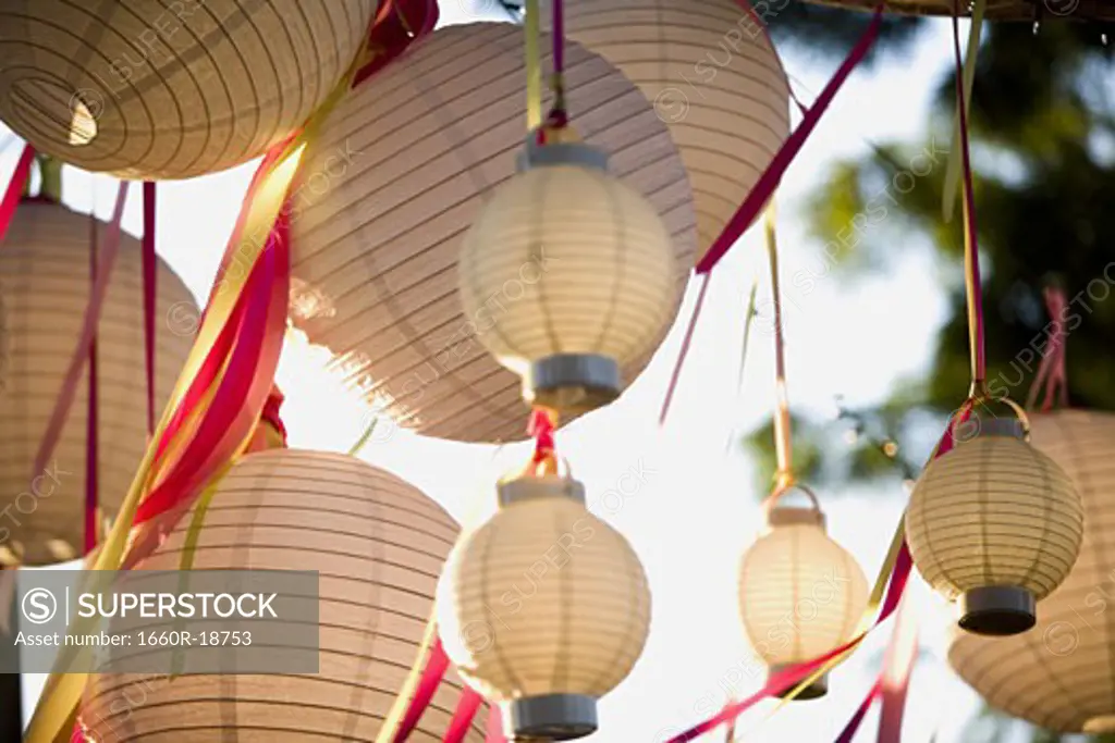 Paper lanterns and ribbons hanging outdoors