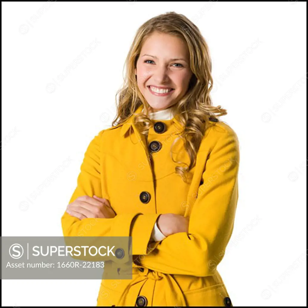 young woman in a yellow raincoat.
