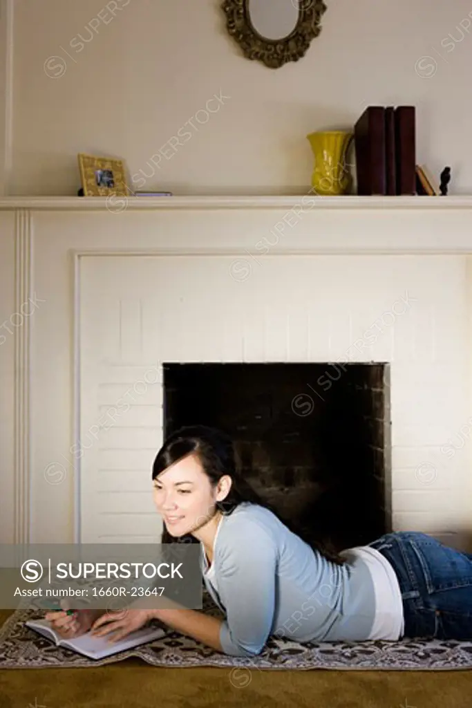 woman lying down in living room