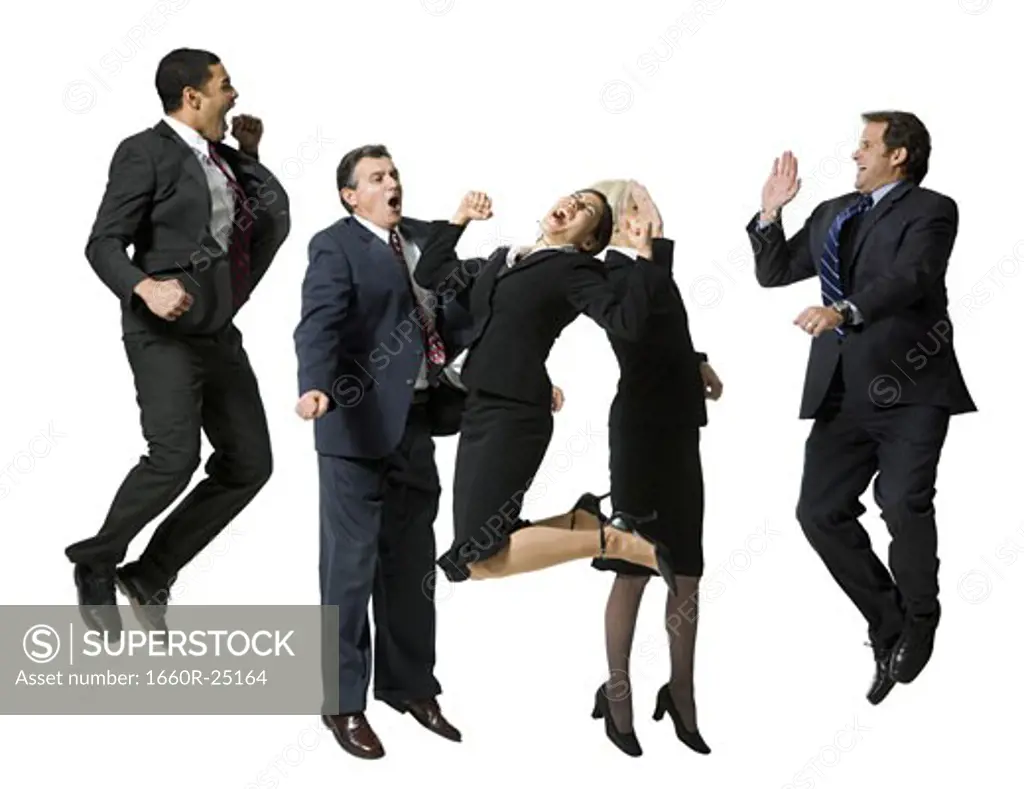 Five businesspeople leaping and smiling