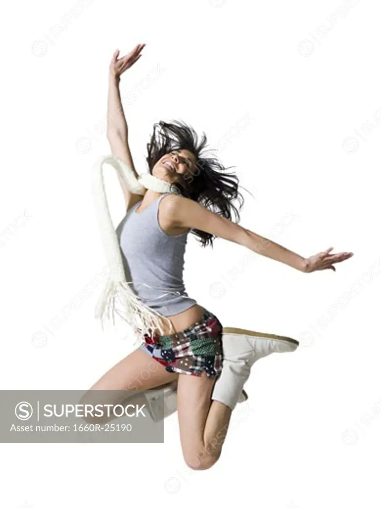 Woman leaping with mouth open