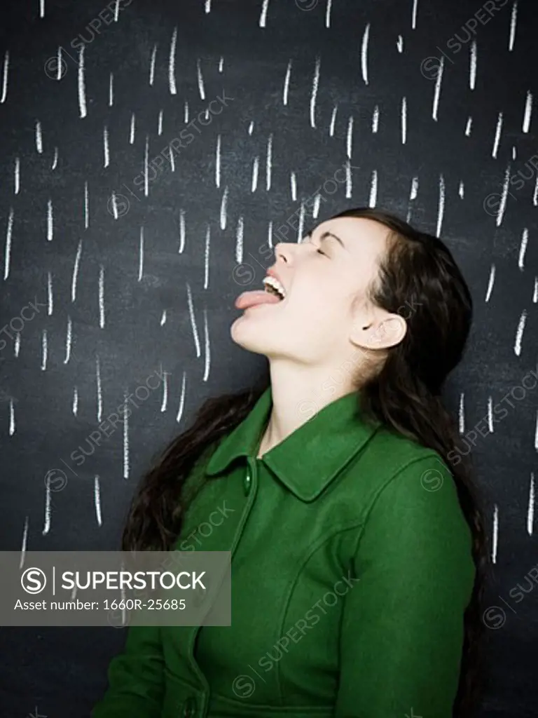 woman in a chalkboard rainstorm