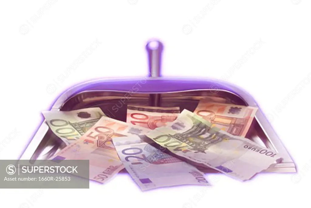 Close-up of Euro notes in a dustpan