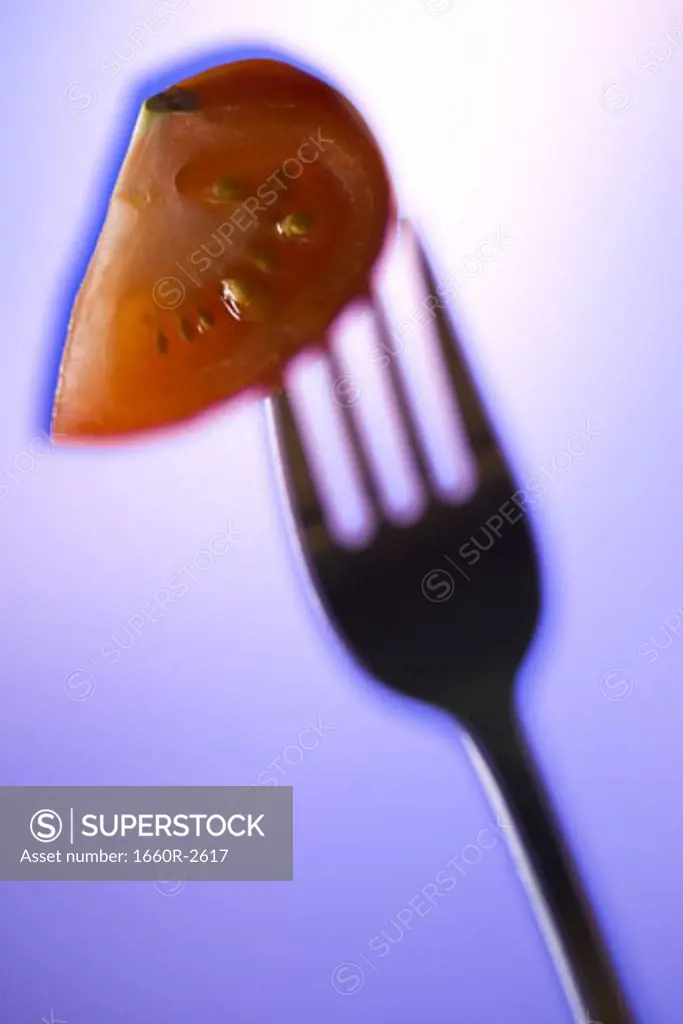 Close-up of a slice of tomato on a fork (Lycopersicon esculentum)