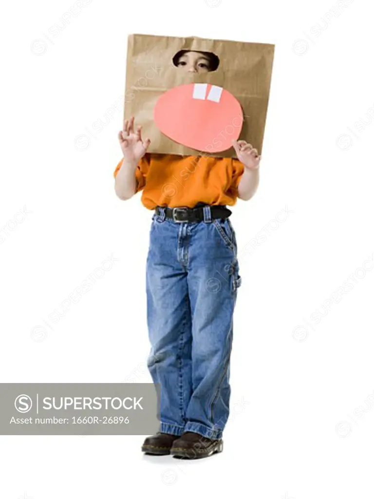 Portrait of a boy wearing a cardboard box