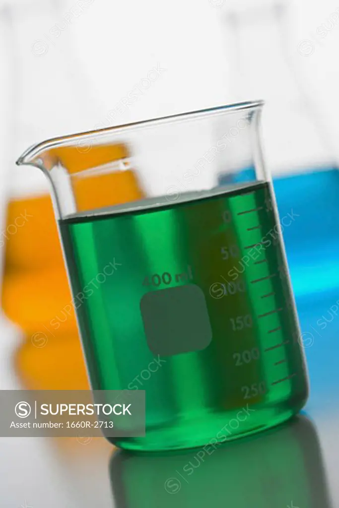 Close-up of a measuring beaker with green liquid