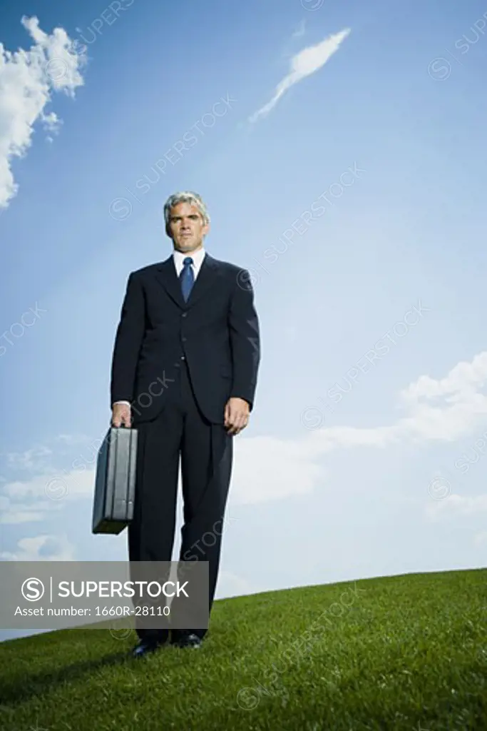 Low angle view of a businessman holding a briefcase