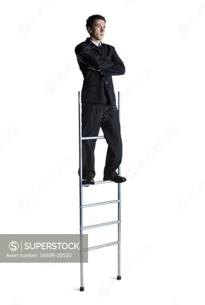 Businessman standing on corporate ladder