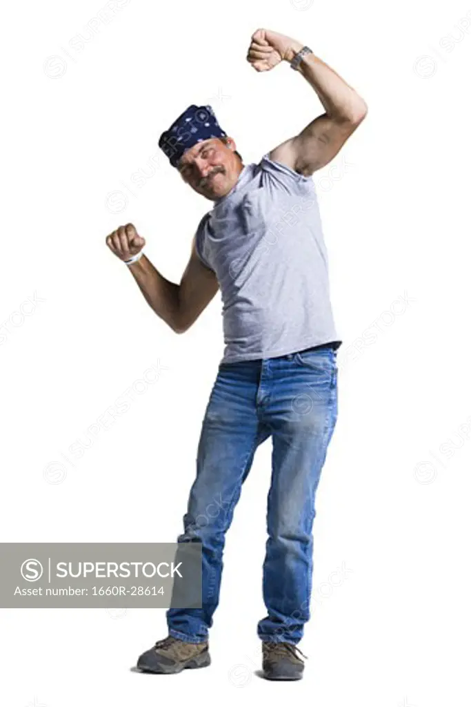 Disheveled middle aged man flexing arms