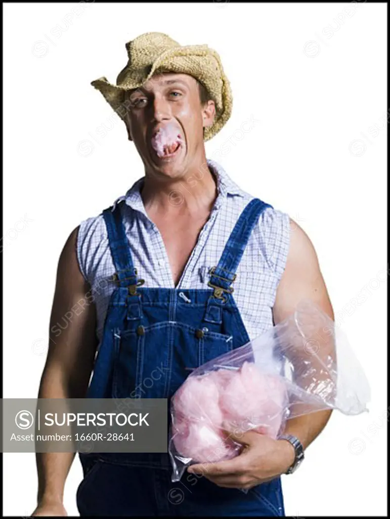 Farmer eating cotton candy