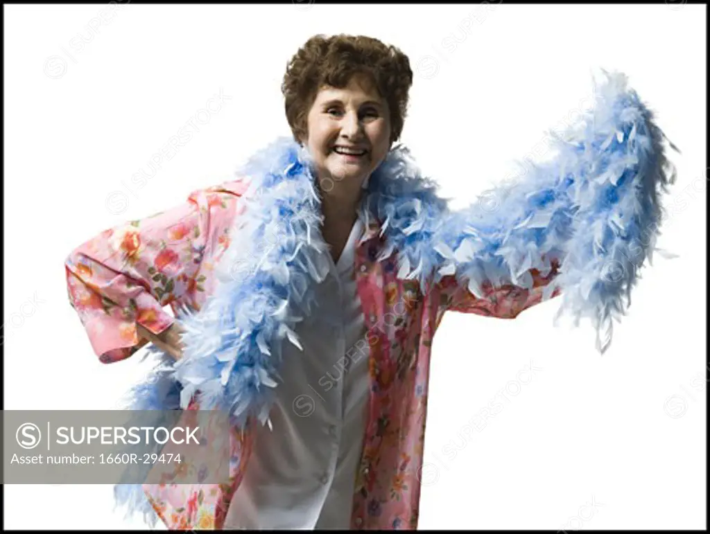 Elderly woman with a feather boa