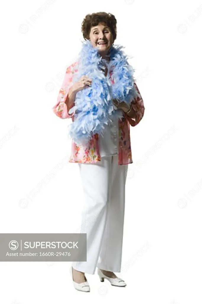 Elderly woman with a feather boa