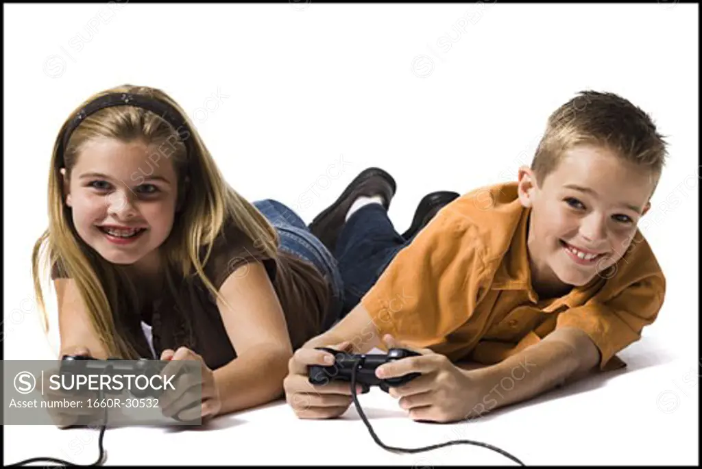 Brother and sister playing a video game