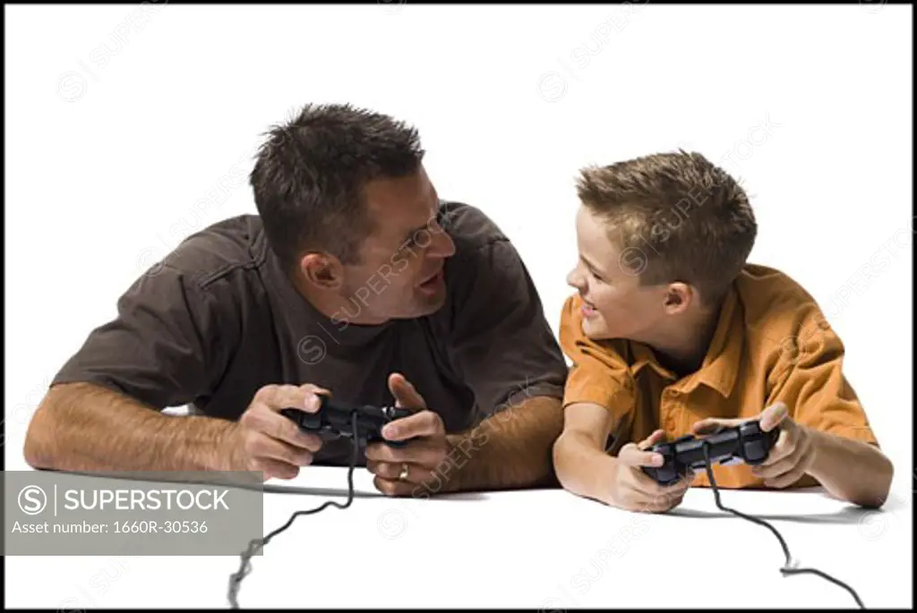 Father and son playing a video game
