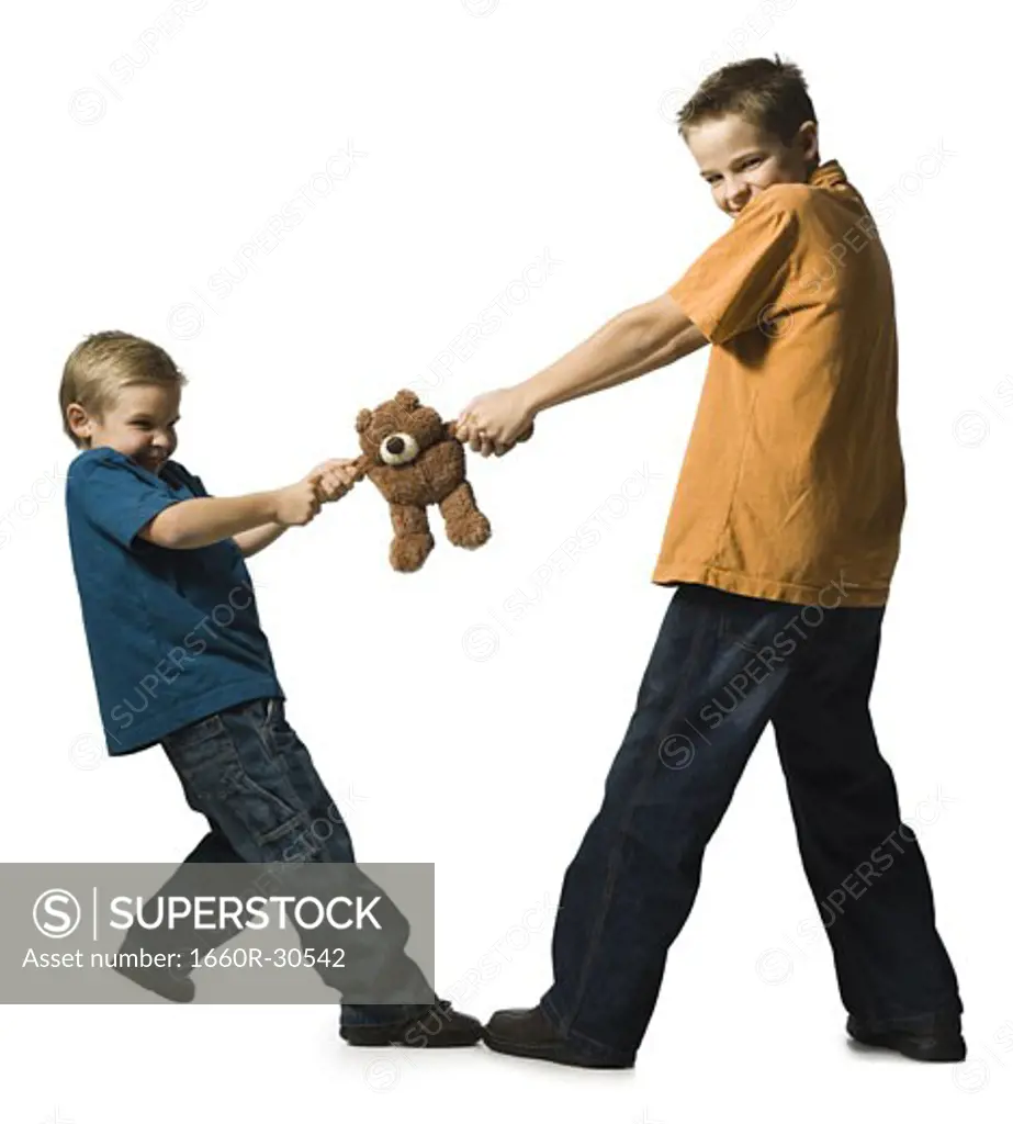 Two brothers arguing over a plush toy