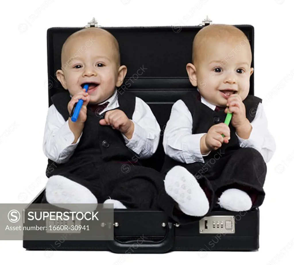 Twin baby boys in briefcase with suits