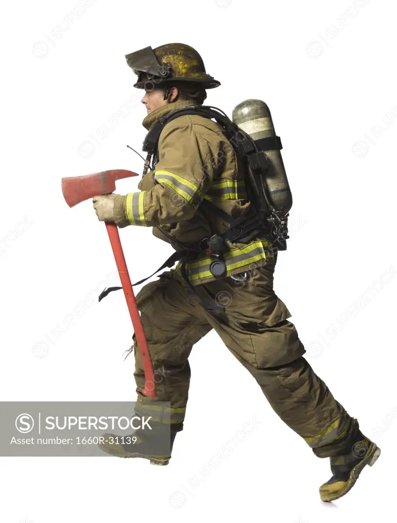 Firefighter running with axe