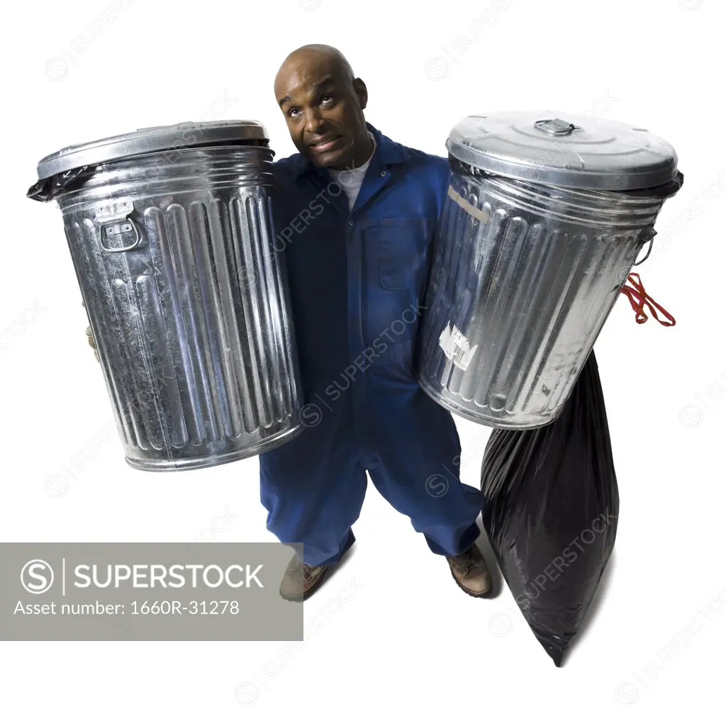 Garbage man with trash cans