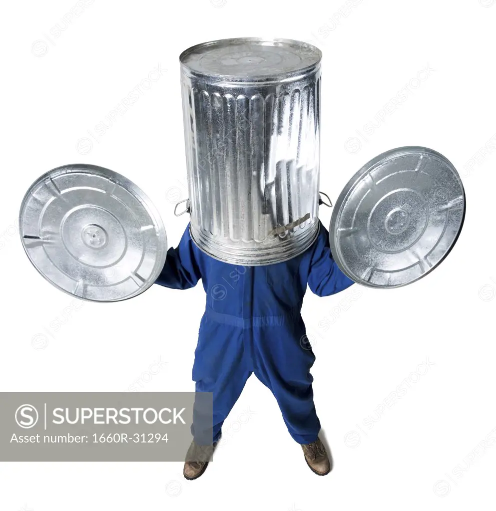 Garbage man with trash can on head
