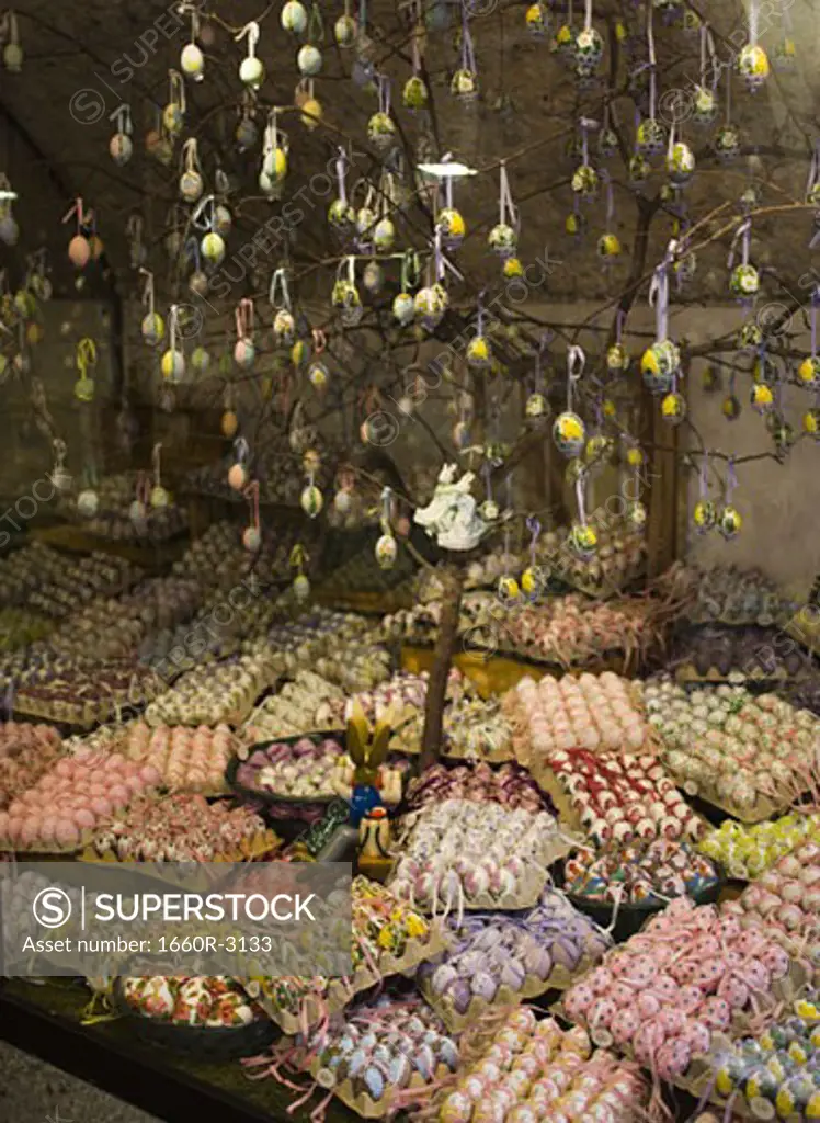 High angle view of a display of Easter Eggs