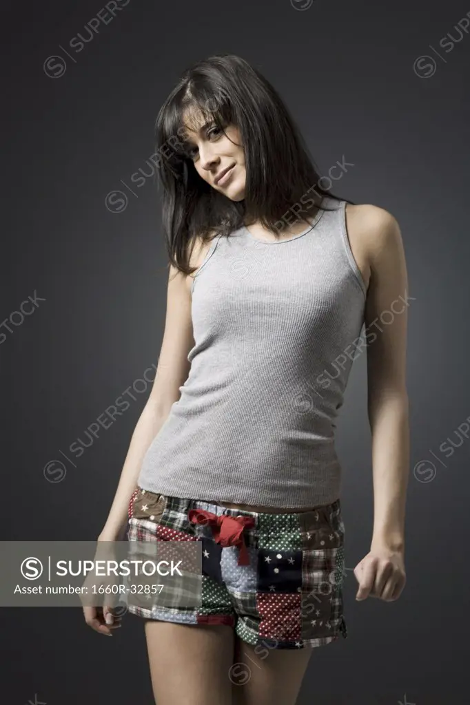 Woman with disheveled hair smiling