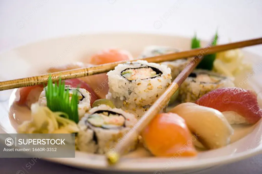 Close-up of sushi rolls on a plate