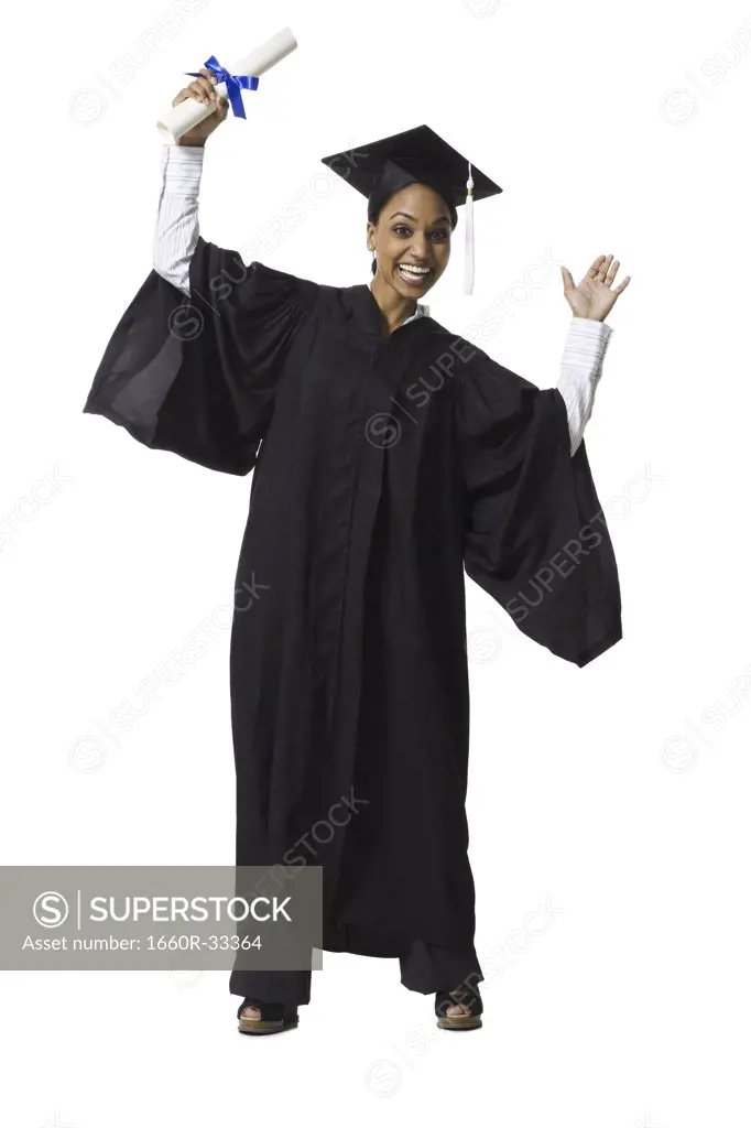 Woman in graduation gown and Blank Sign with diploma excited