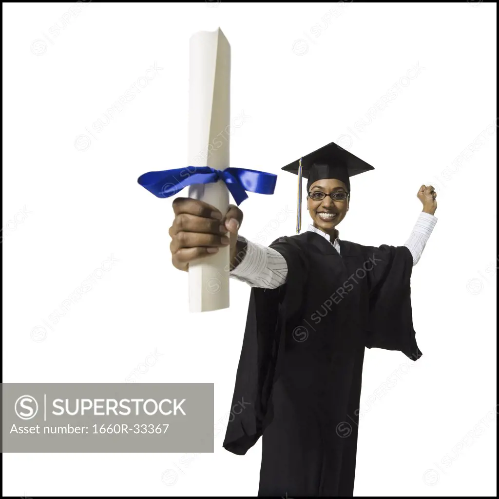 Woman in graduation gown and Blank Sign with diploma excited