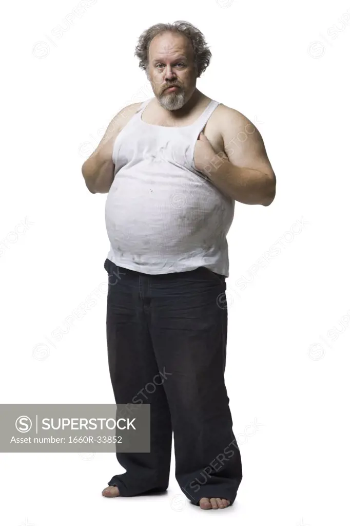 Disheveled man with hands on pot belly