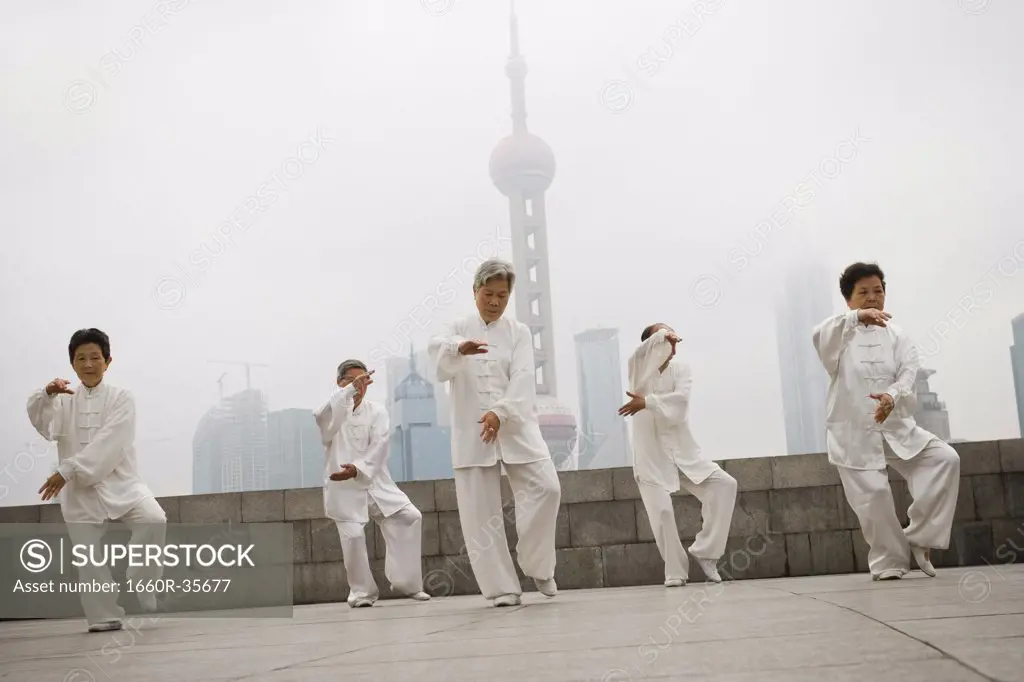 Group doing tai chi outdoors with city skyline in background