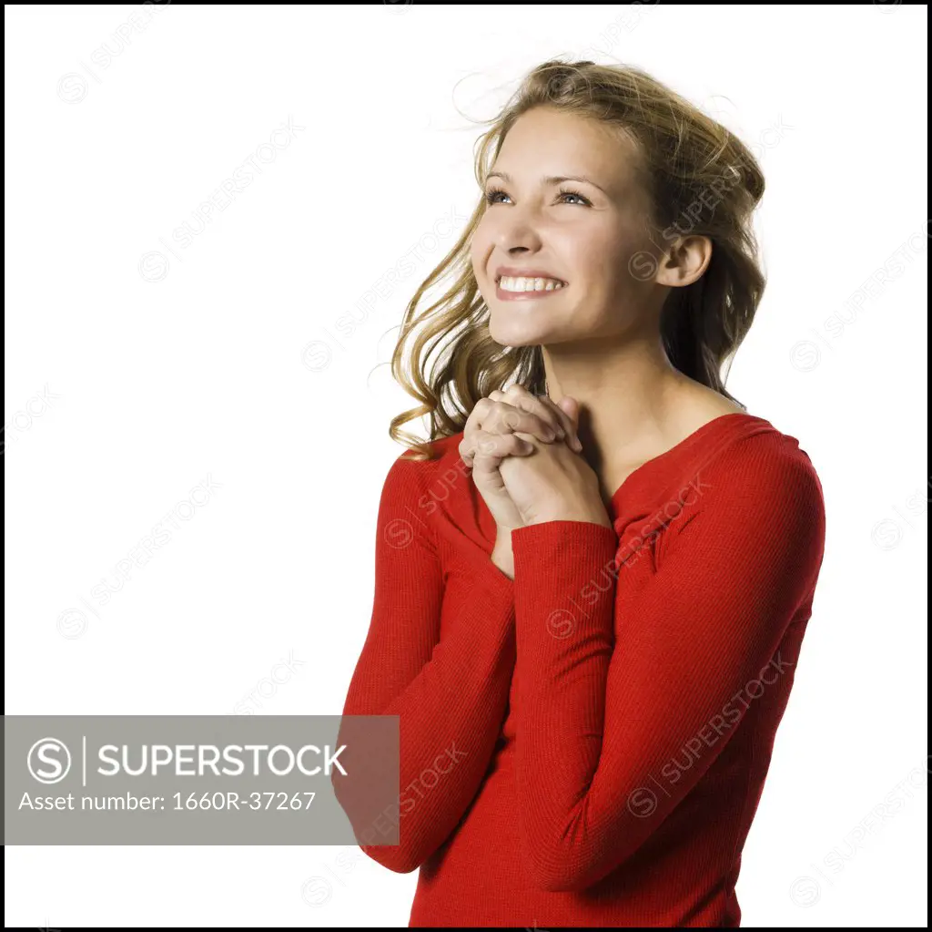 young woman in a red sweater.