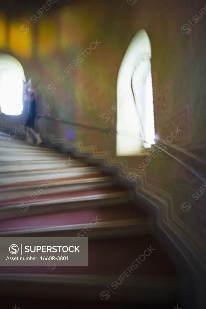 Blurred view of a person on a staircase