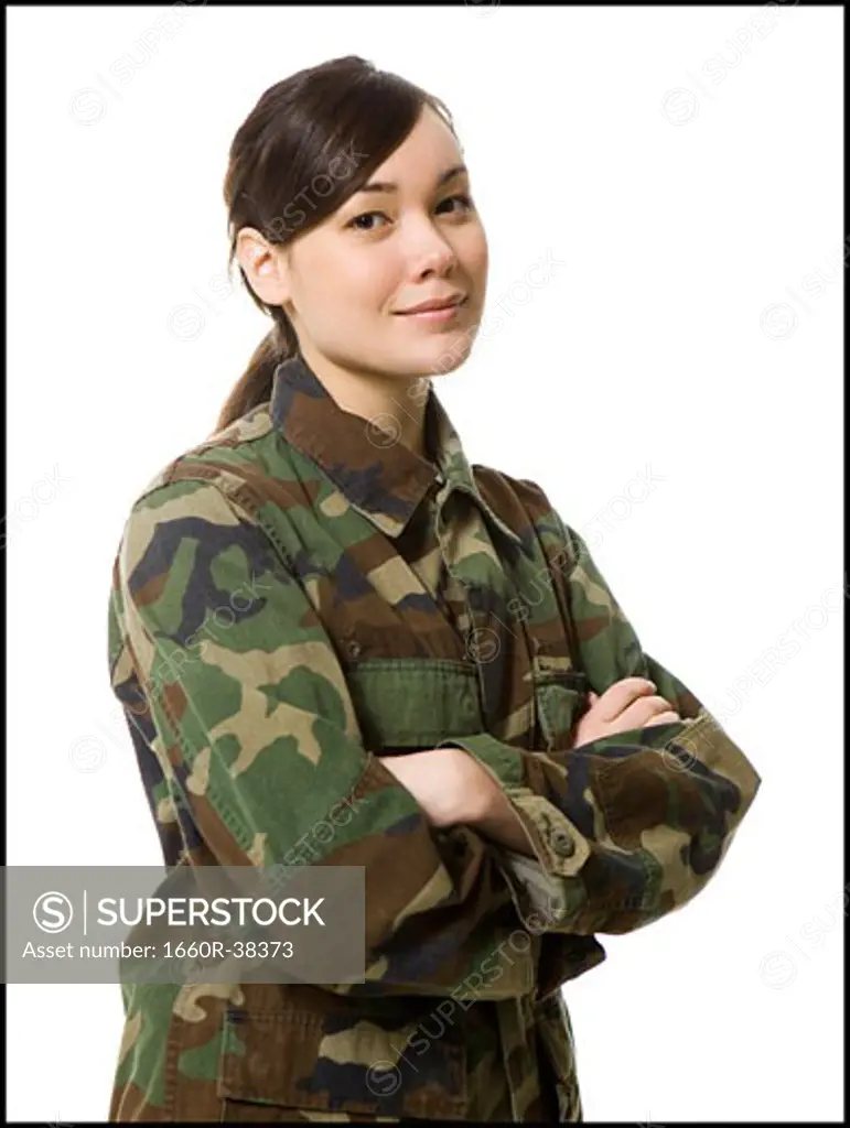 young woman in camouflage
