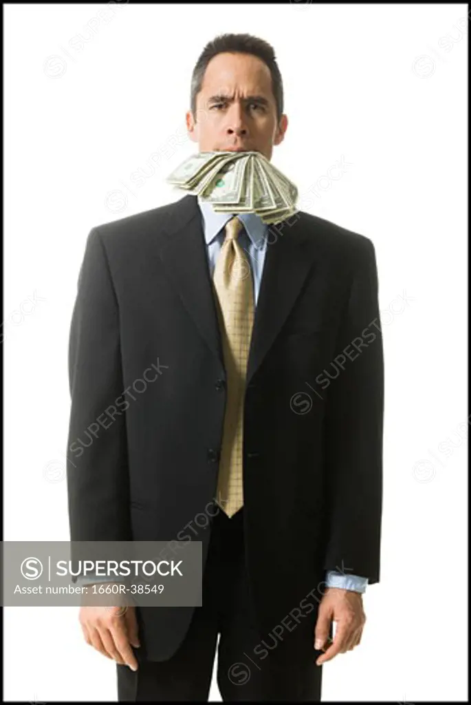 businessperson with a mouth full of money