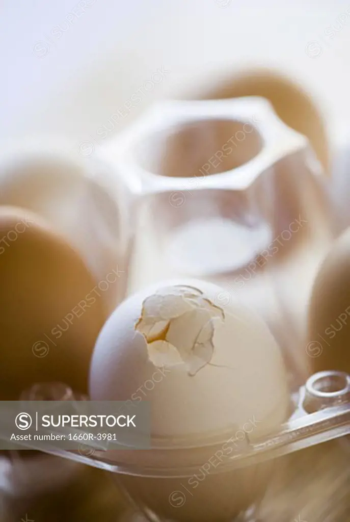 Close-up of a broken egg in a container