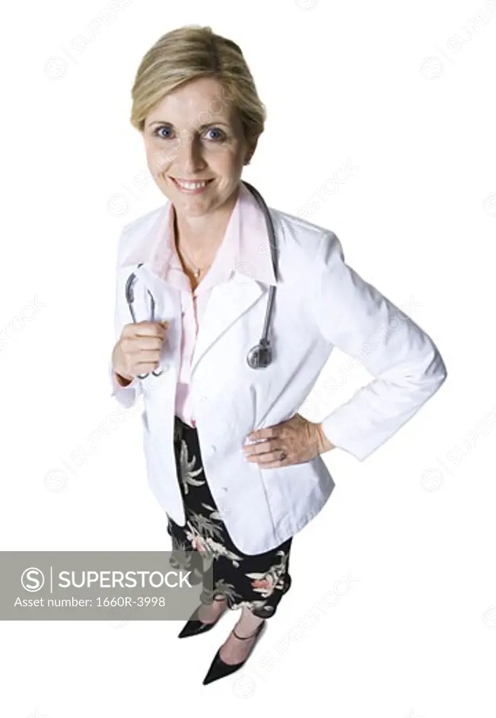 High angle view of a female doctor standing with her hand on her hip