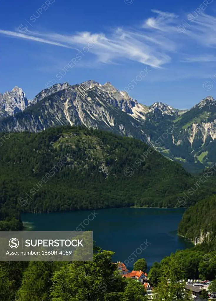High angle view of a lake surrounded by mountains