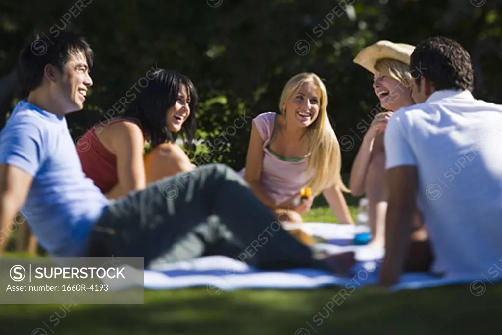 Four young people sitting in a park