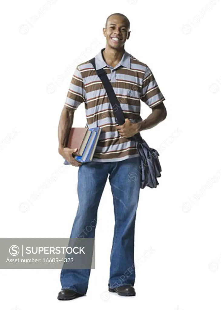 Student portrait with books and messenger bag