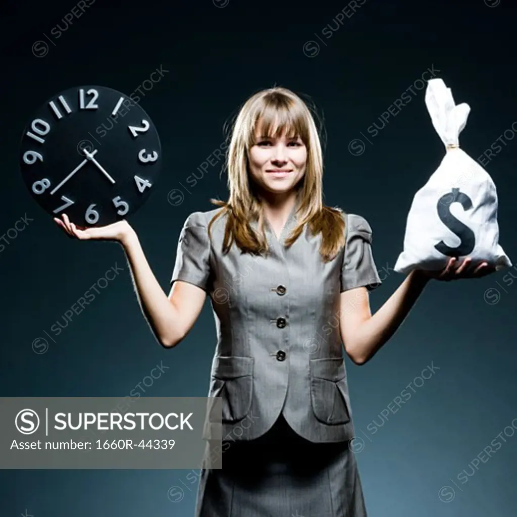 businesswoman weighing time versus money